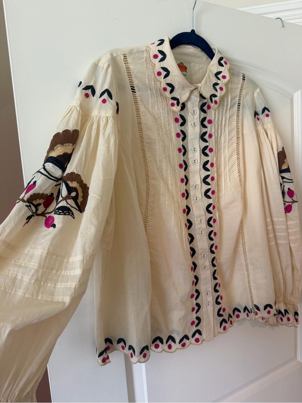 FARM Rio Cream Button-Down Blouse with Black & Pink Embroidery - Picture 3 of 10